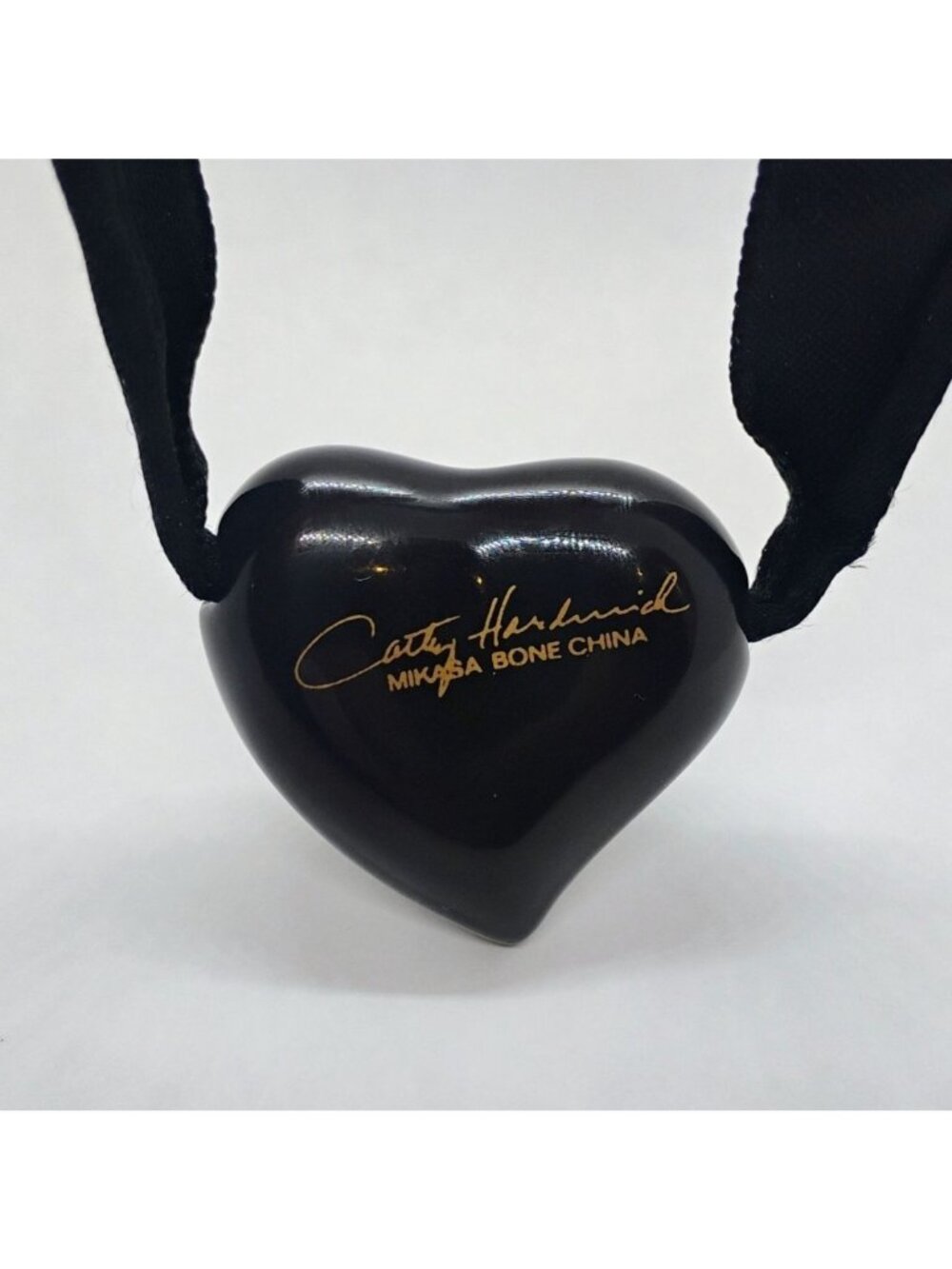Cathy Hardwick Mikasa Bone China Black Heart Necklace on Black Ribbon